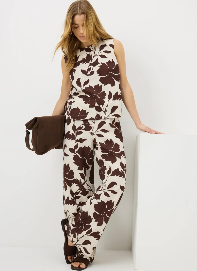 ماتلان Chocolate Brown Leaf Linen Wide Leg Co Ord Trousers